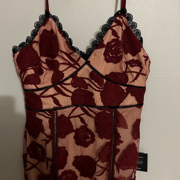 Lulus Burgundy Floral Mesh Lace Trumpet Midi Dress - Picture 3 of 3